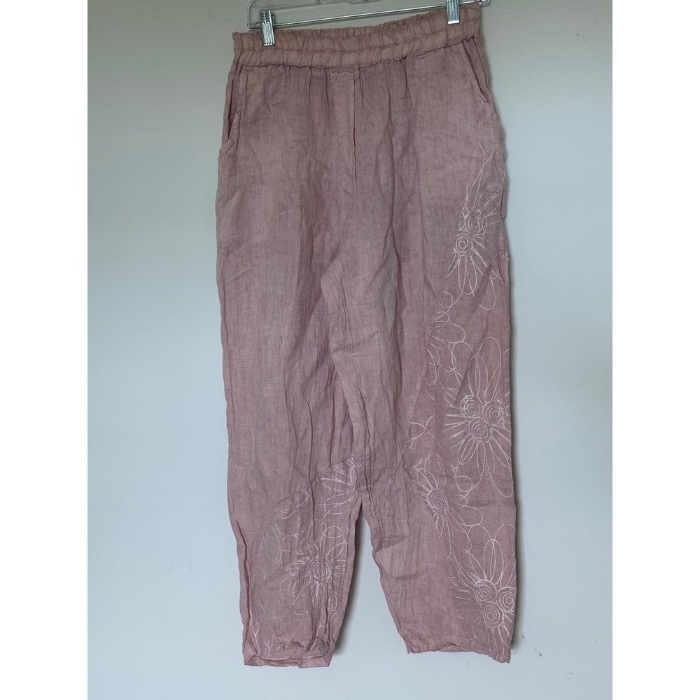 Made in Italy Pink Linen Floral Embroidered Pants Grandmother Boho Cottagecore M